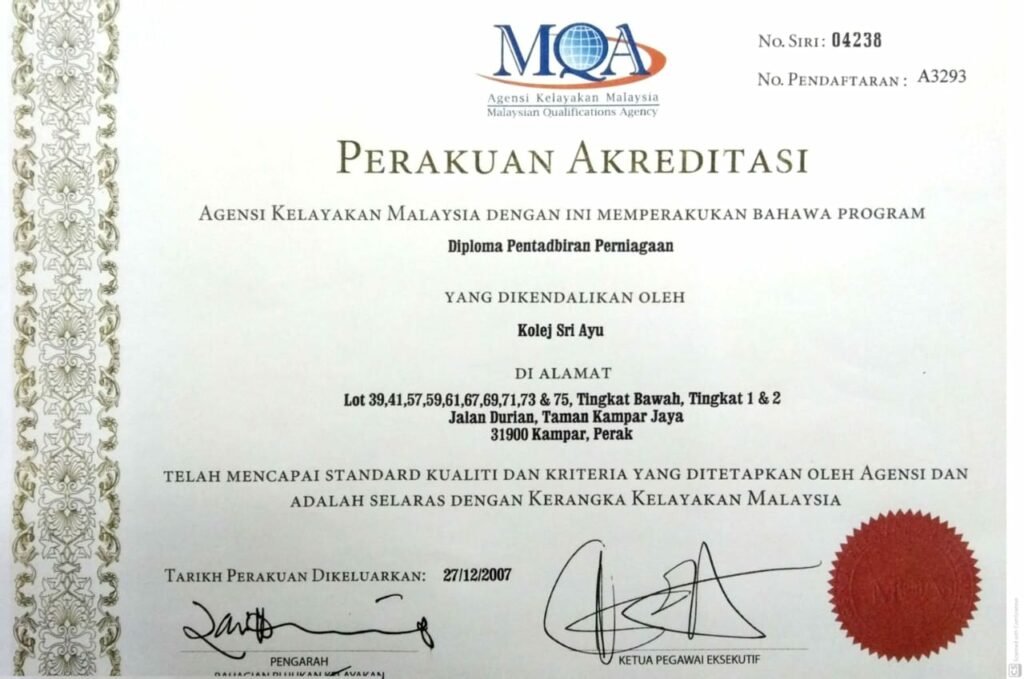 Sijil Perakuan Akreditasi MQA - Diploma Pentadbiran Perniagaan