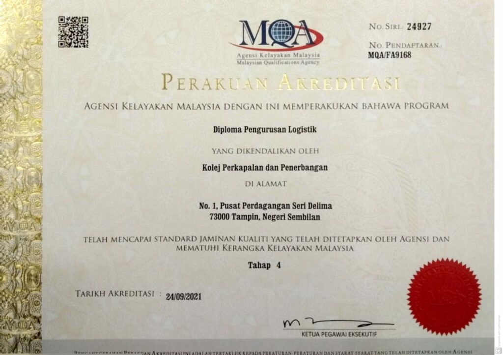 Sijil Perakuan Akreditasi MQA - Diploma Pengurusan Logistik